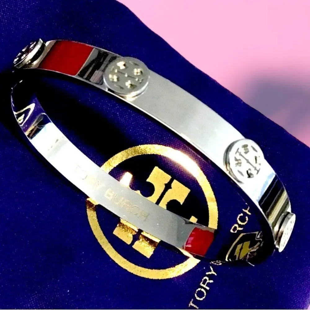 TORY BURCH STUDDED DOUBLE T SILVER LOGO BRACELET MILLER STUD HINGE, 9MM